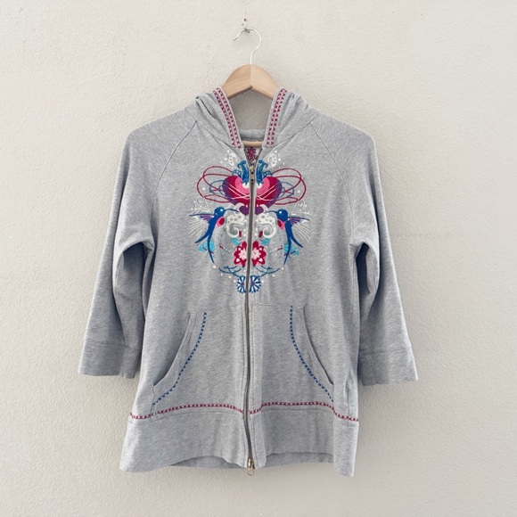 Johnny Was Full Zip Hoodie Medium Gray Embroidered Hummingbird Heart Boho Casual - Picture 2 of 11